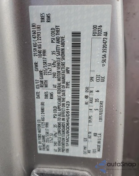 2017 Ford Escape Se из США, поврежденный, VIN 1FMCU9GD6HUD51123